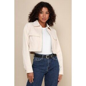 Lulus Trendy Expedition Beige Twill Cropped Utility Jacket - Size M